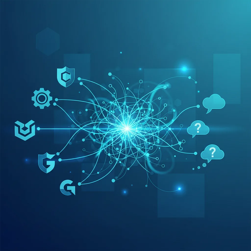 Ilustração de uma rede neural conectando a pergunta de um usuário à marca de uma empresa, representando como fazer la IA recomendar sua empresa com AEO e GEO.