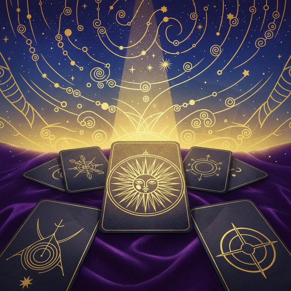 Ilustração artística de um céu estrelado dourado com o símbolo do signo de Touro brilhando intensamente sobre um baralho de tarô.