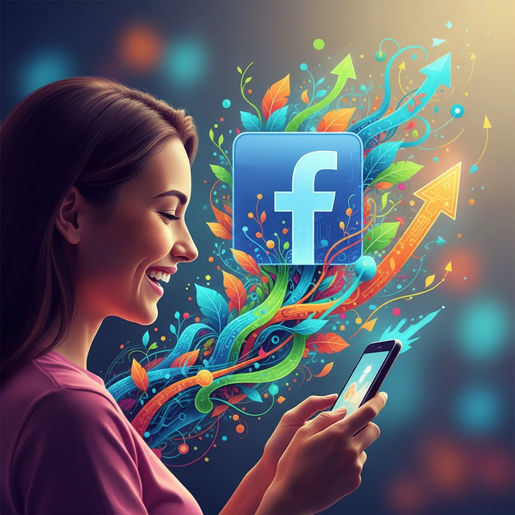 Mulher sorrindo olhando o celular, com fundo digital e elementos do Facebook.