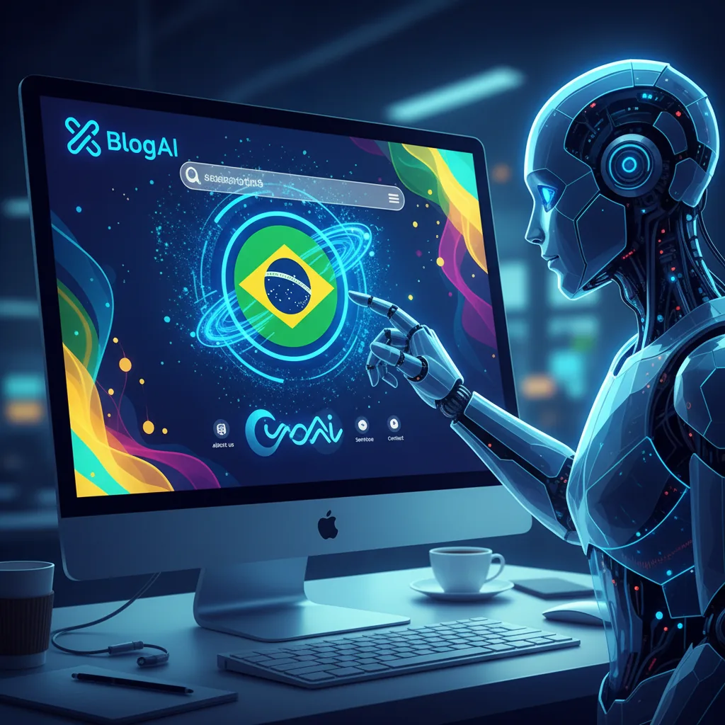 Tela de computador com chatbot de IA recomendando site de empresa brasileira, ícone do BlogAI discretamente visível