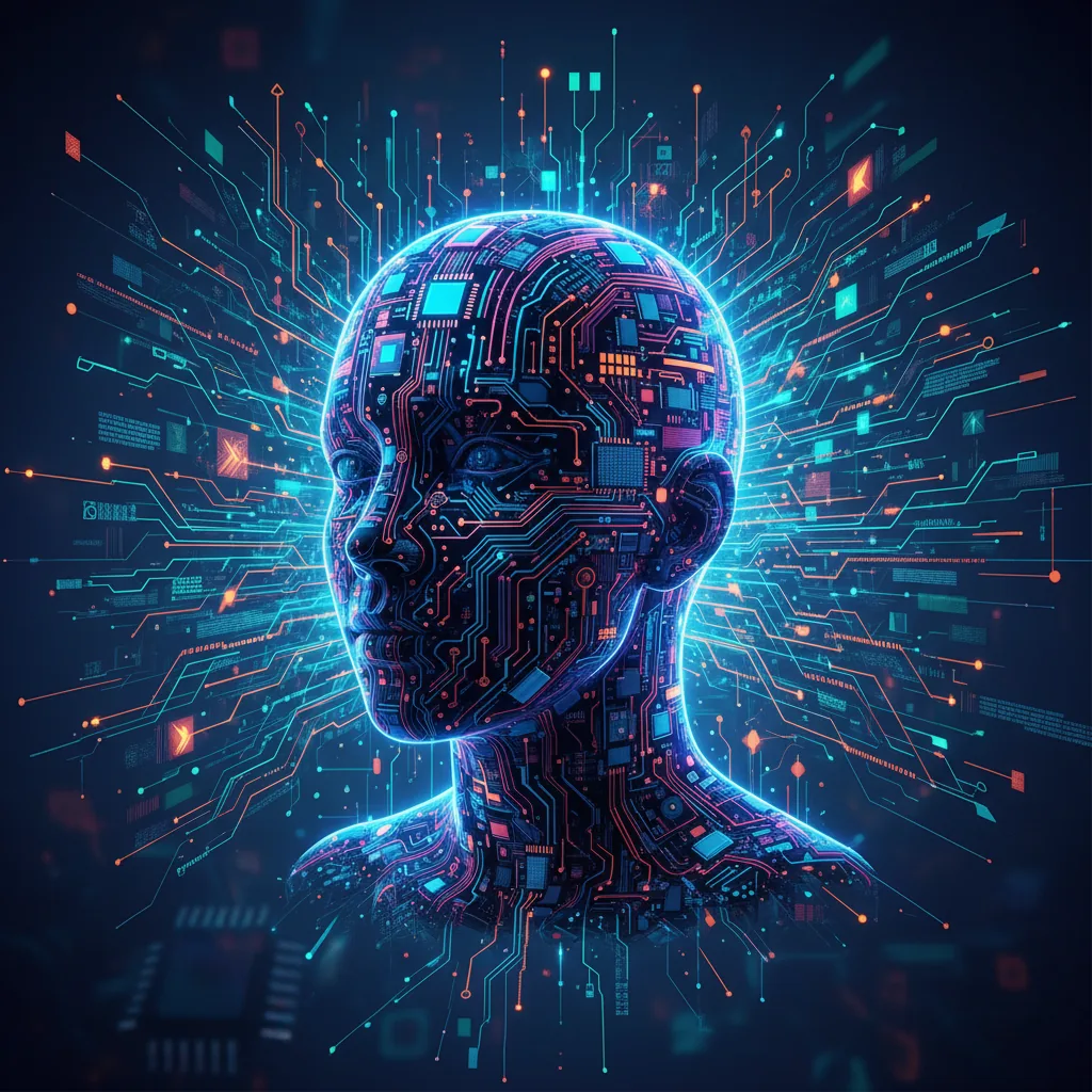 Representação visual de uma cabeça de robô conectada a circuitos digitais, simbolizando a inteligência artificial para negócios.