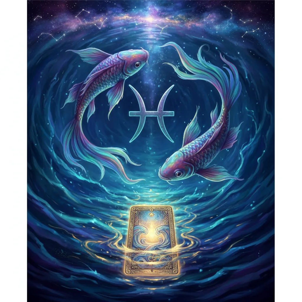 Ilustração mística representando o signo de Peixes e uma carta de tarot revelando uma luz brilhante sob as águas.