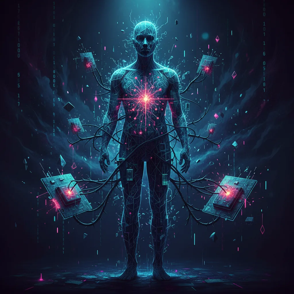 Ilustração de uma silhueta humana digital fragmentada, representando os processos sobre saúde mental e suicídio envolvendo o ChatGPT.