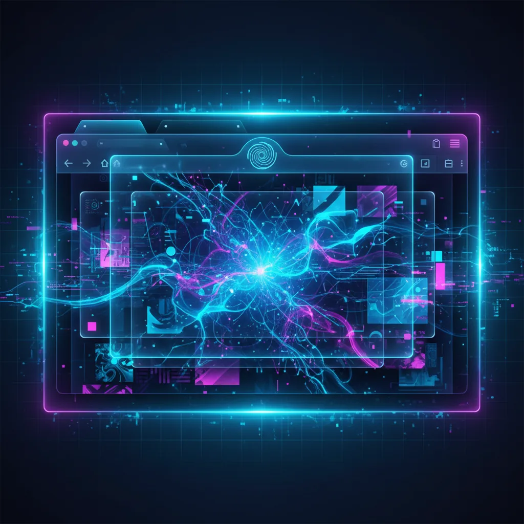 Ilustração moderna mostrando fluxos de dados digitais saindo de um navegador e sendo processados por um núcleo central de inteligência artificial vibrante.