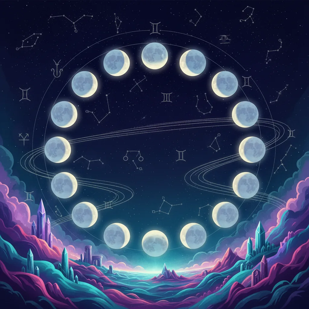 Ilustração simbólica da Lua no mapa astral, com suas fases sobre um fundo cósmico, representando as emoções.