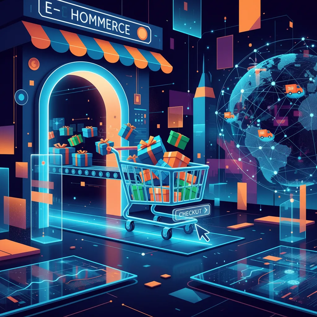 Ilustração de uma loja virtual e caixas de entrega simbolizando a logística do dropshipping.