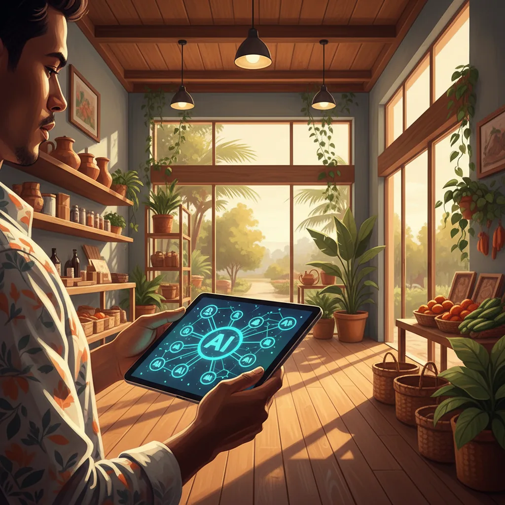 Empresário brasileiro em um escritório moderno analisando dados em um tablet com representações gráficas de inteligência artificial ao fundo.