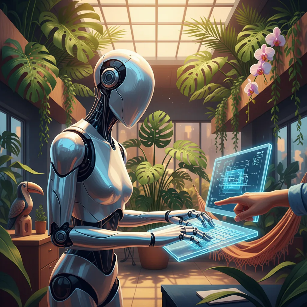 Colaboração entre inteligência artificial e um profissional de marketing de conteúdo humano em um escritório moderno no Brasil.