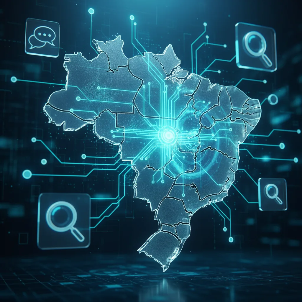 Infográfico mostrando a conexão entre o ChatGPT, logos de IA e o mapa do Brasil para representar AEO e GEO em 2026