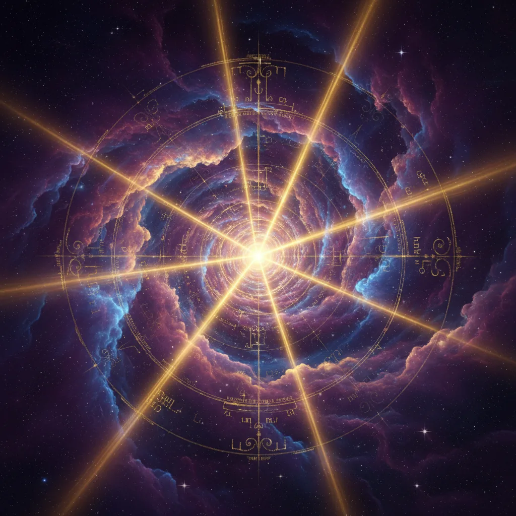 Representação artística do sinal do universo em abril de 2026 com nebulosas coloridas e constelações brilhantes no céu noturno profundo