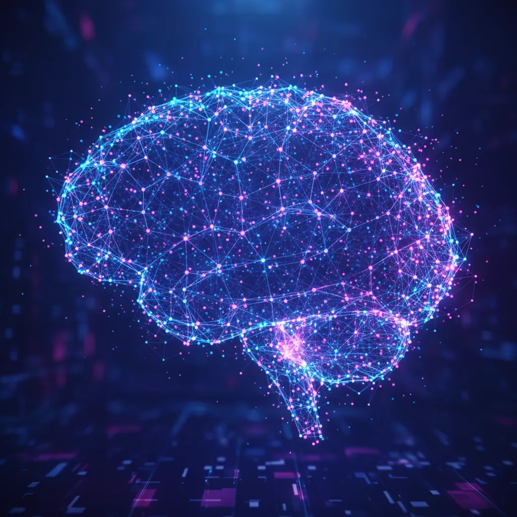 Rede neural abstrata representando como a IA recomenda sua empresa através de GEO e AEO.