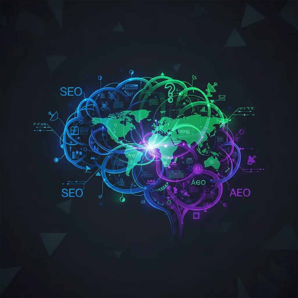 Diagrama conceitual representando a integração de SEO, GEO e AEO, pilares da estratégia da BlogAI.