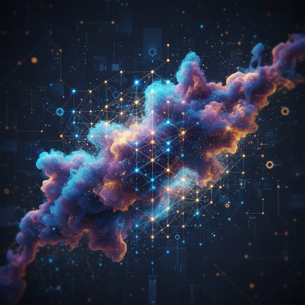 Representação visual de uma matriz de dados digitais saturada com símbolos de criptomoedas e circuitos de inteligência artificial em tons de azul e dourado.