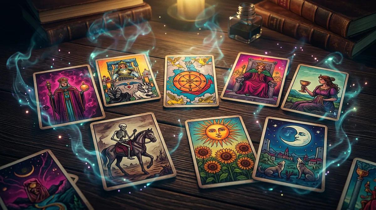 Mãos místicas manuseando cartas de tarô sobre uma mesa de madeira escura com elementos que remetem ao mundo dos sonhos.