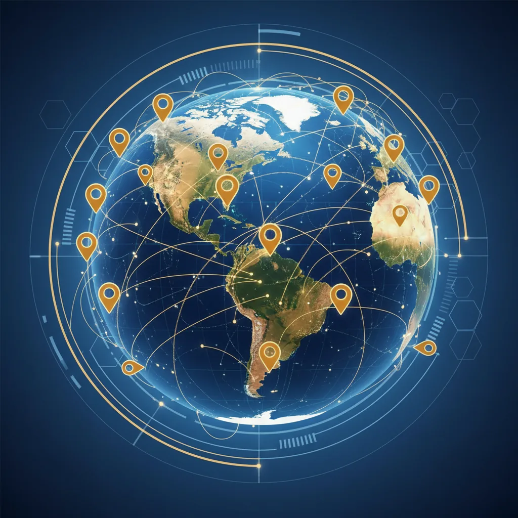 Ilustração de um mapa mundi conectado a ícones de pin de localização regional, representando SEO híbrido.
