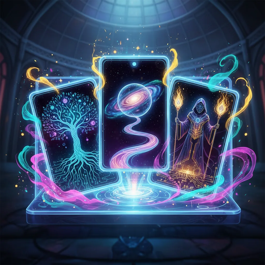 Sete cartas de Tarot digitalmente dispostas em um layout místico com luz etérea, representando o Tarot online