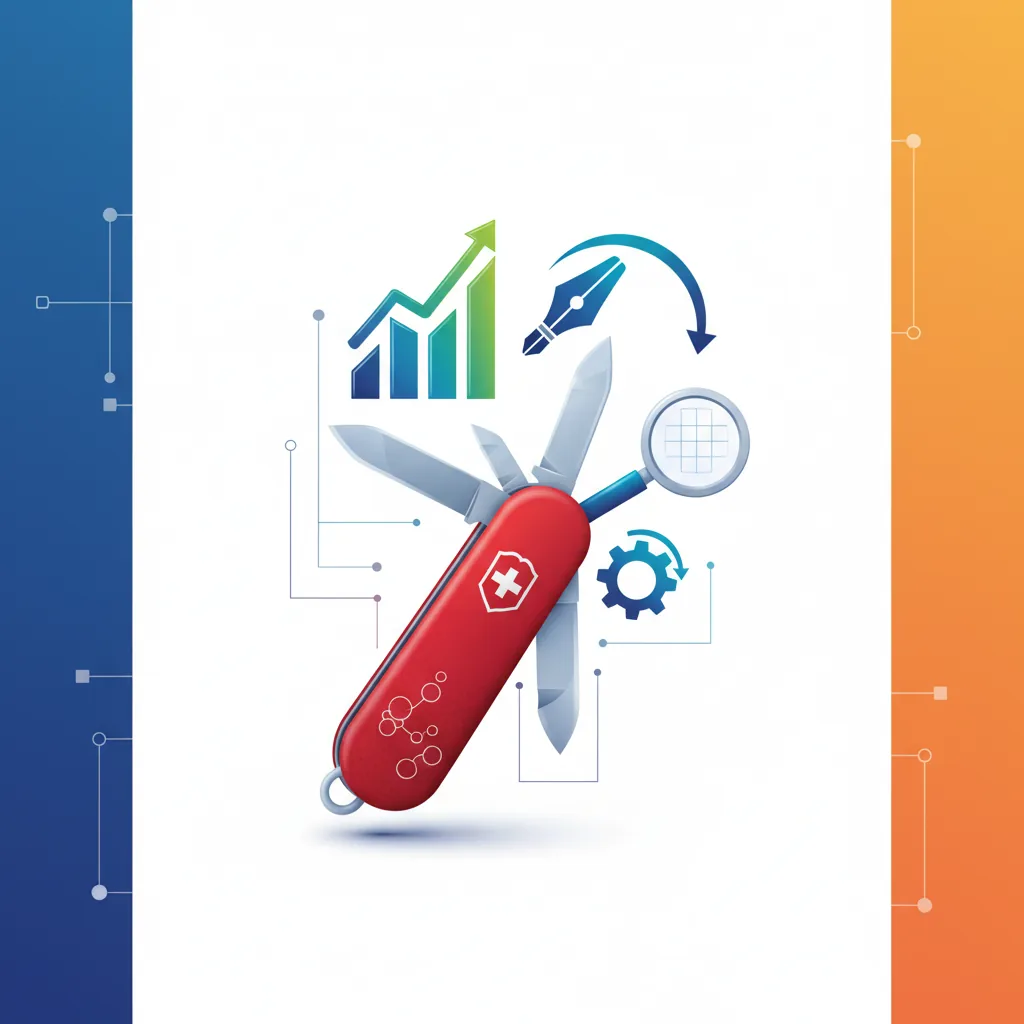 Framework de SEO 2026 para escolher as ferramentas certas, ilustrado por um canivete suíço com ícones de marketing digital.