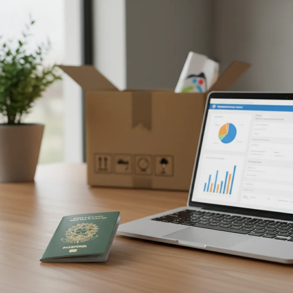 Guia prático sobre como voltar a ser residente fiscal no Brasil em 2026, com um passaporte brasileiro ao lado de um notebook.