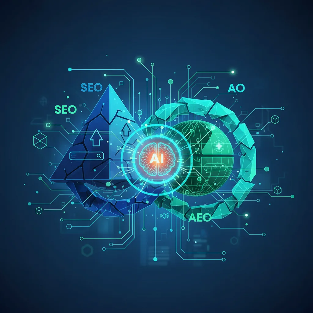 Ilustração abstrata dos conceitos SEO, GEO e AEO interligados, com a plataforma BlogAI no centro da estratégia de busca em 2026.