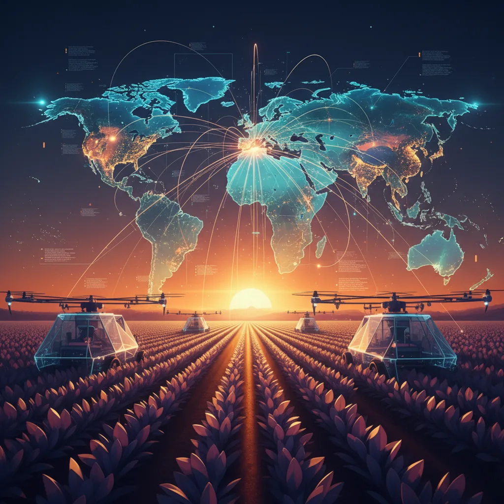 Mapa-múndi com conexões digitais partindo de Vilhena, Rondônia, ilustrando o conceito de SEO para exportação do agronegócio.