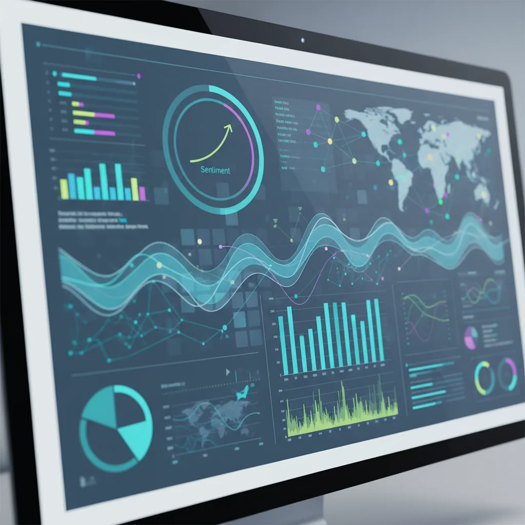 Dashboard de monitoramento de marcas com gráficos de análise de sentimento e menções em redes sociais.