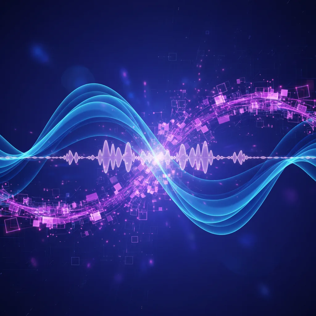 Gráfico abstrato com ondas sonoras e dados digitais, representando a gestão de tráfego para lançamento musical.