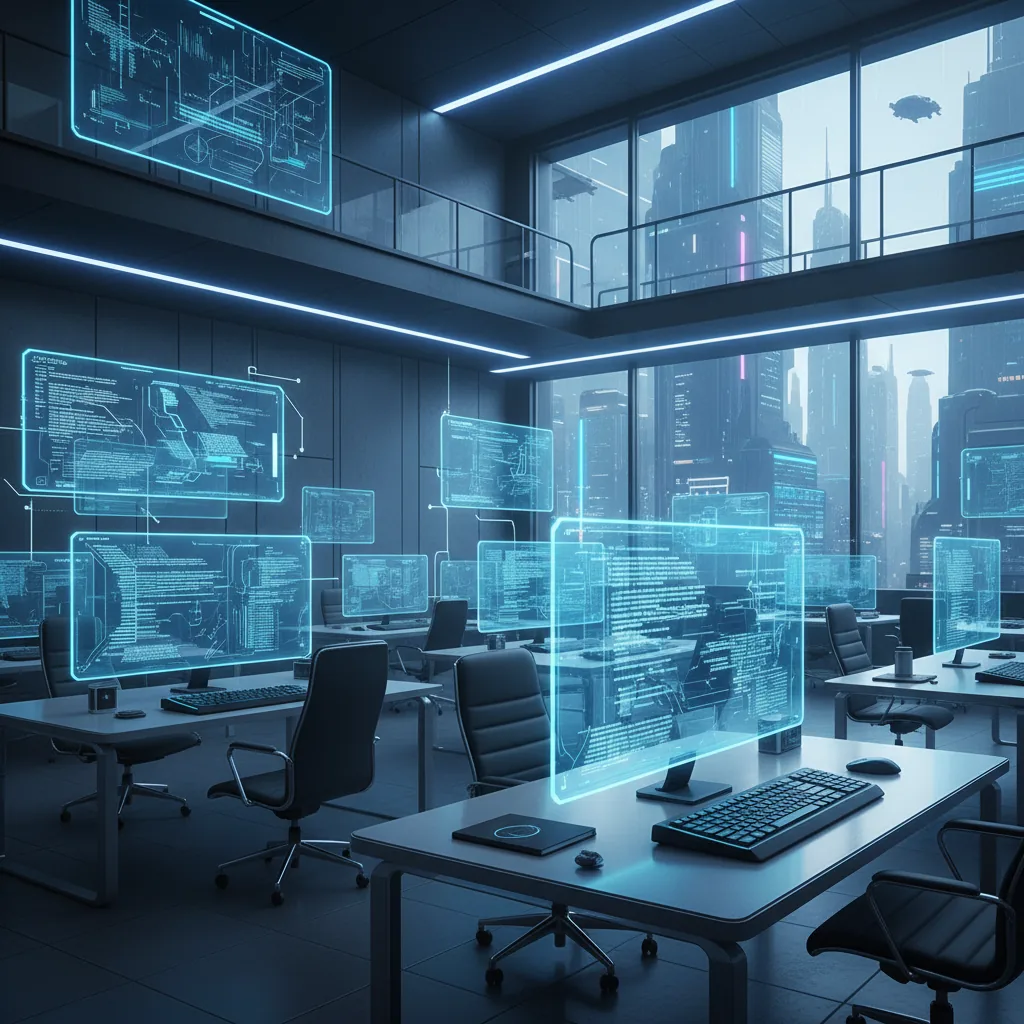 Ilustração profissional mostrando um painel digital integrado com código de programação e conexões neurais representando o OpenAI Codex para empresas.