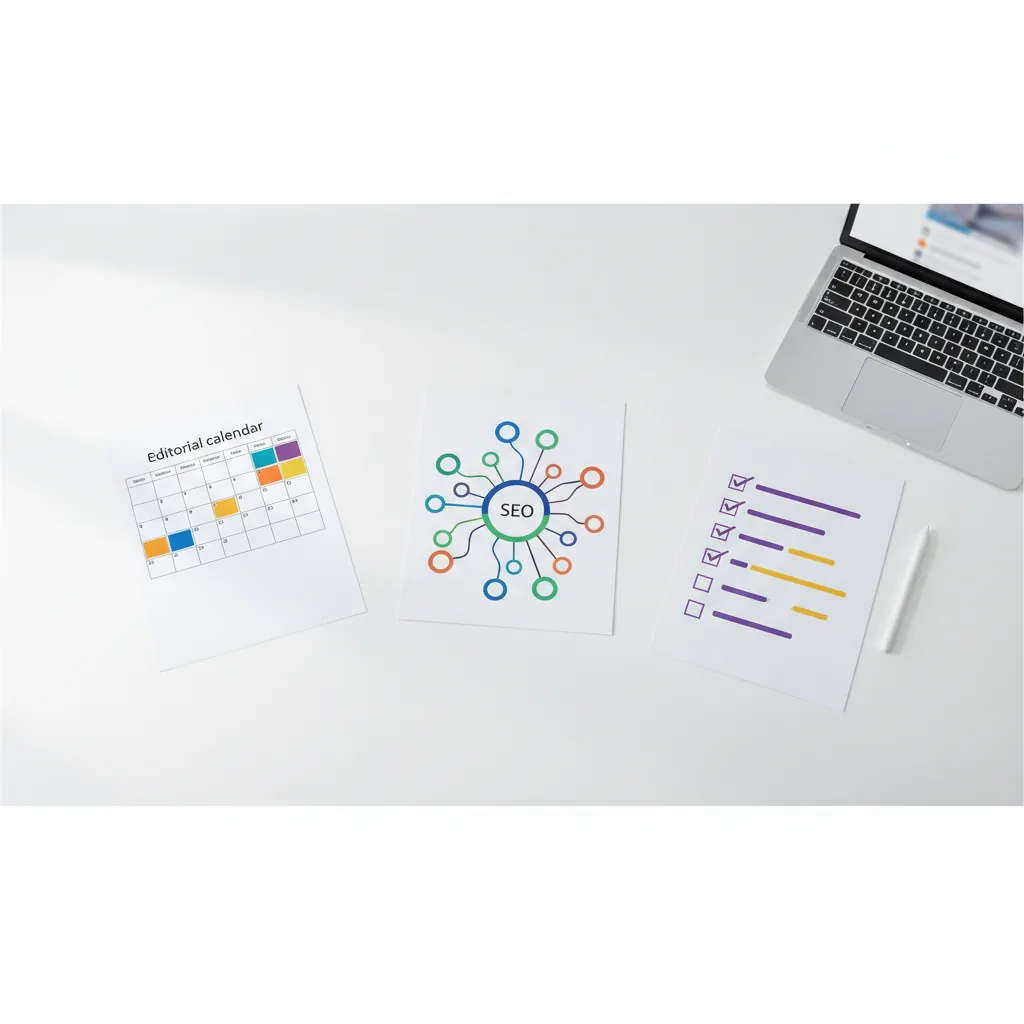 Mesa de trabalho com templates de SEO organizados, incluindo um calendário editorial e um mapa mental de pilar-cluster, ilustrando um framework de SEO.