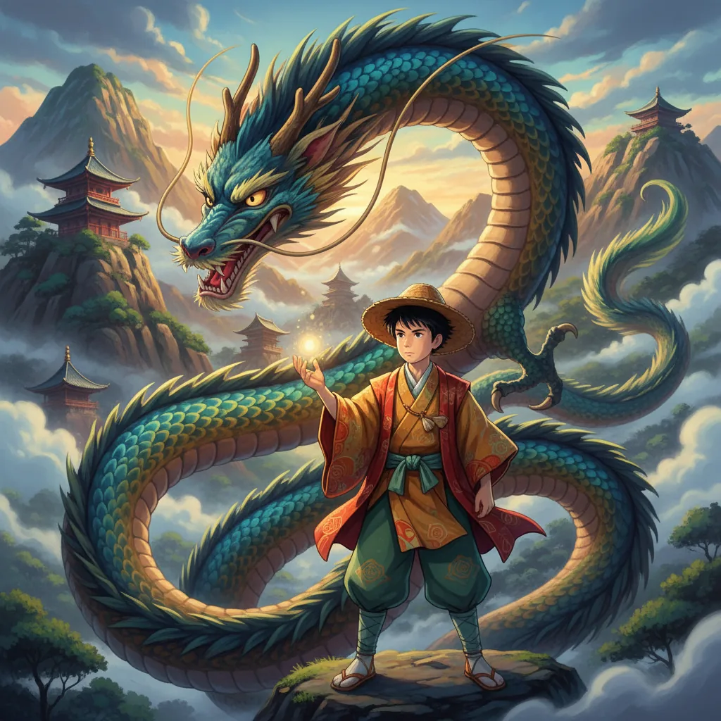 Ilustração estilizada de um jovem guerreiro japonês contemplando um dragão majestoso em meio às montanhas, representando o filme Tatsu no Ko Taro.