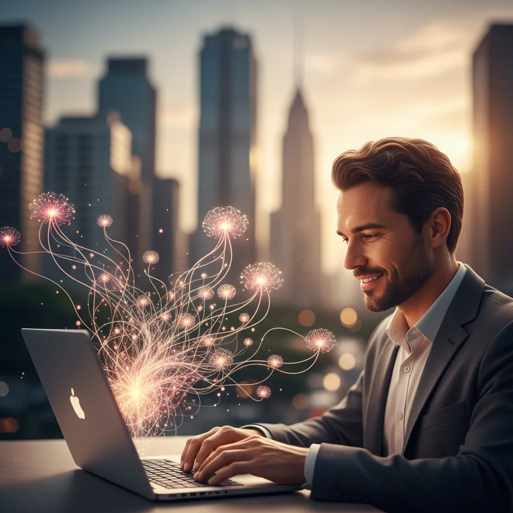 Mulher empresária brasileira sorrindo em frente a notebook, simbolizando sucesso com tráfego orgânico para PMEs