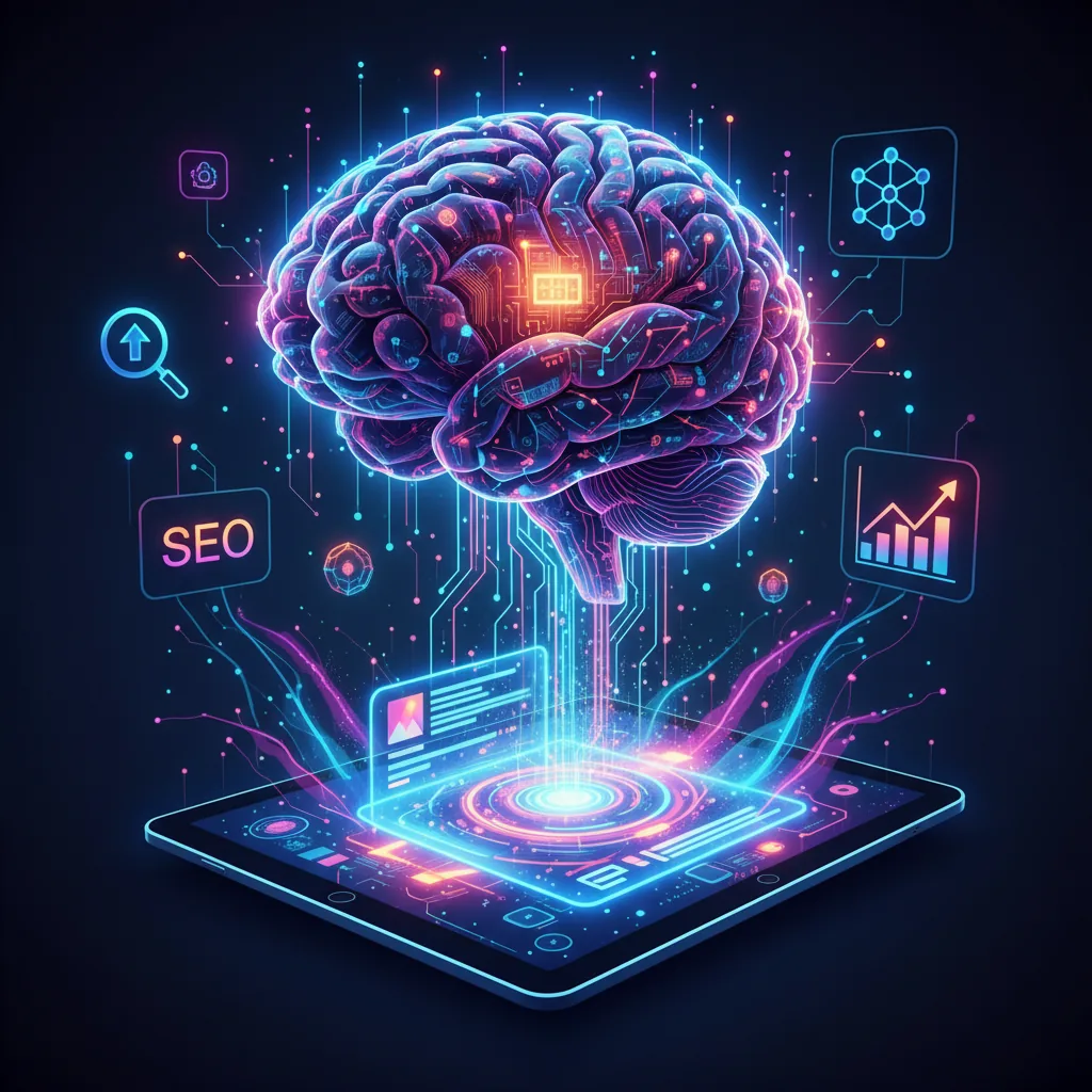 Cérebro de inteligência artificial criando um post de blog, arte digital futurista, conceito de SEO e IA generativa