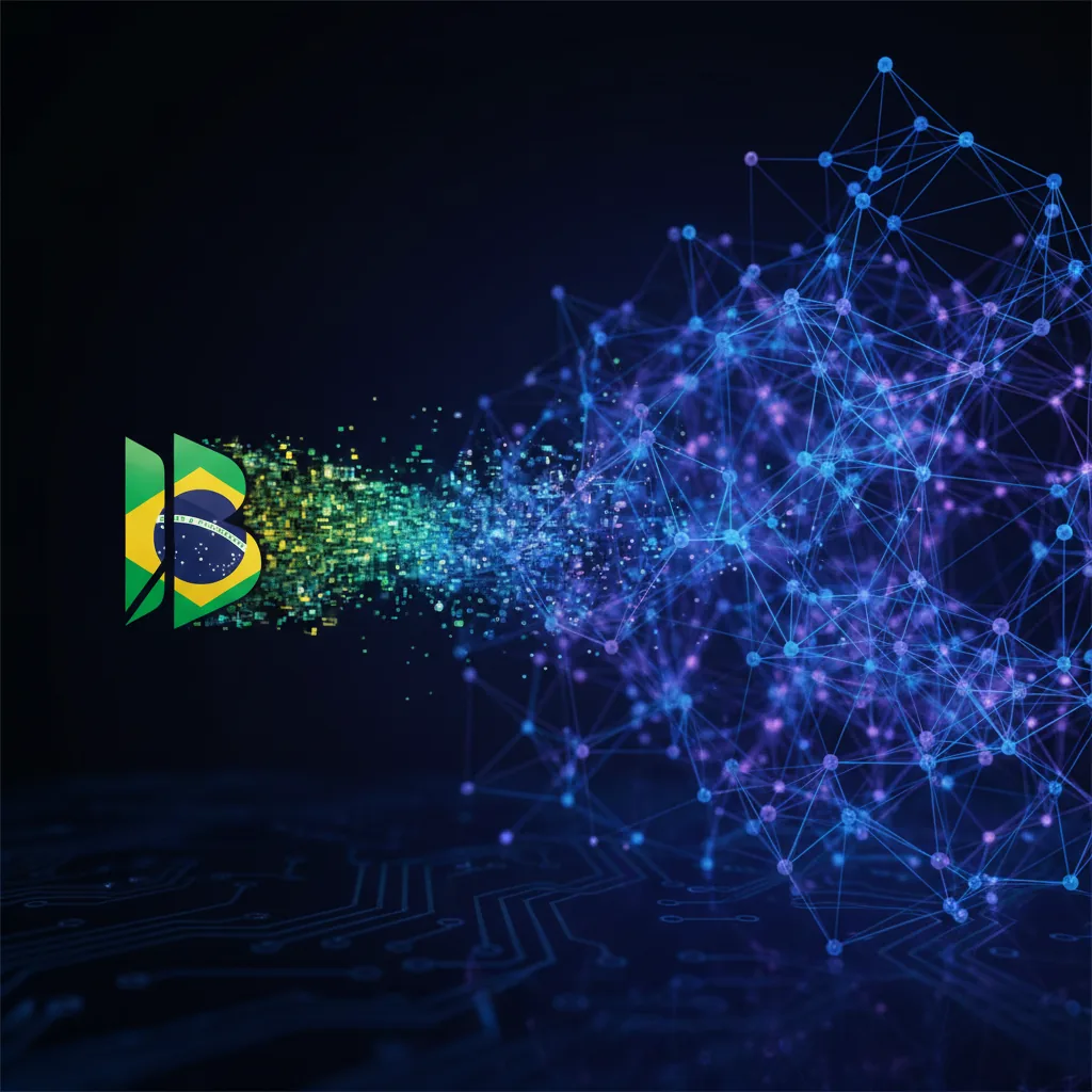 Visualização de uma rede neural representando como a IA pode recomendar empresas brasileiras através de AEO e GEO.
