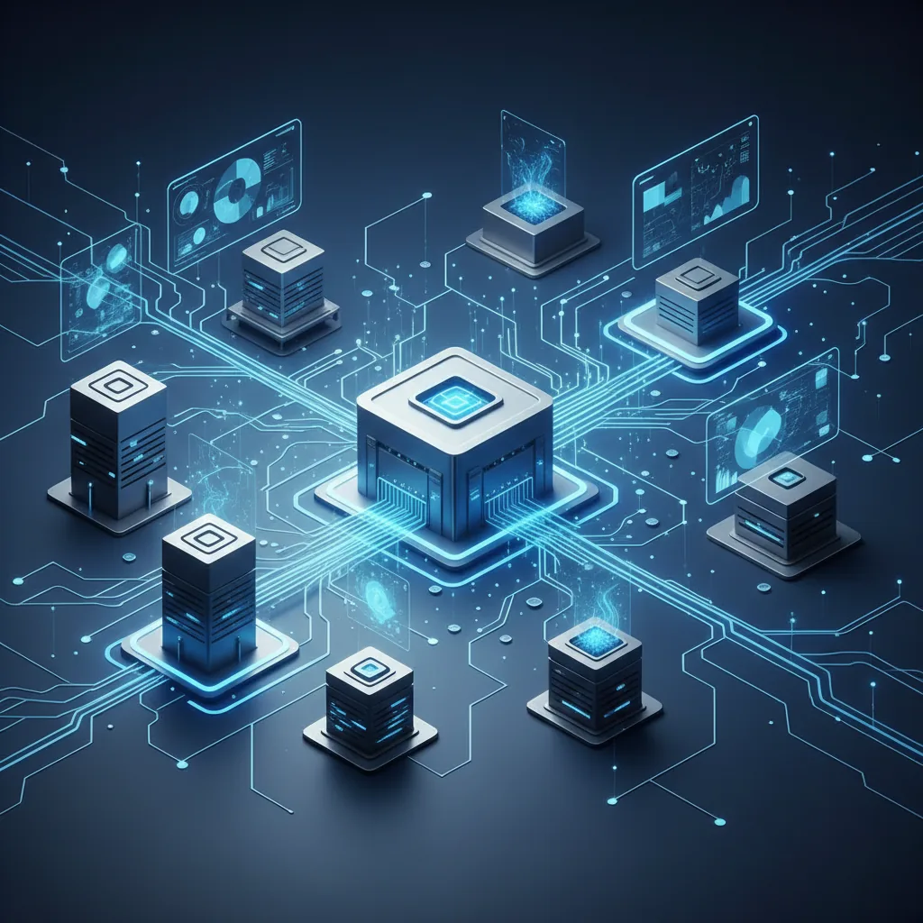 Ilustração de um ambiente corporativo moderno com luzes digitais conectando dispositivos, simbolizando a plataforma de negócios da OpenAI.