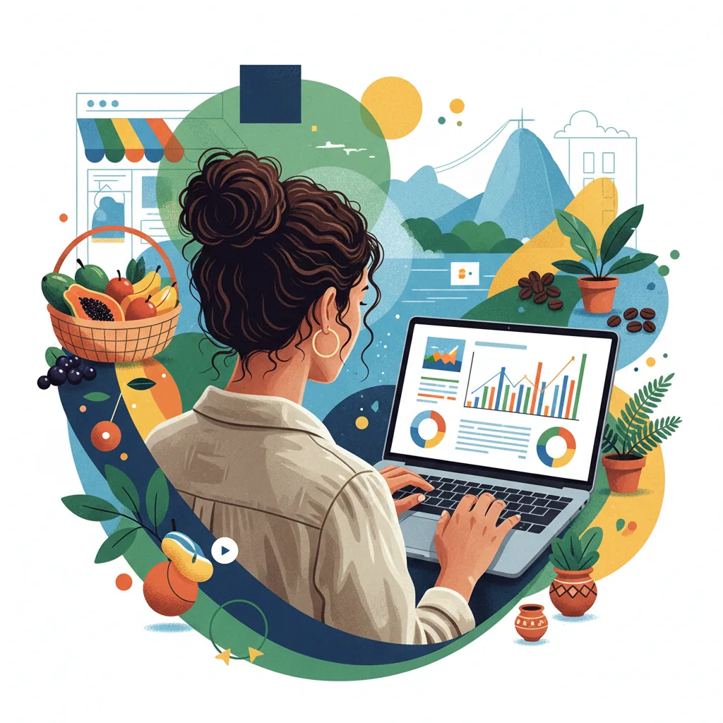 Mulher de negócios brasileira analisando dados de tráfego orgânico em um laptop, com elementos de mercado local ao redor