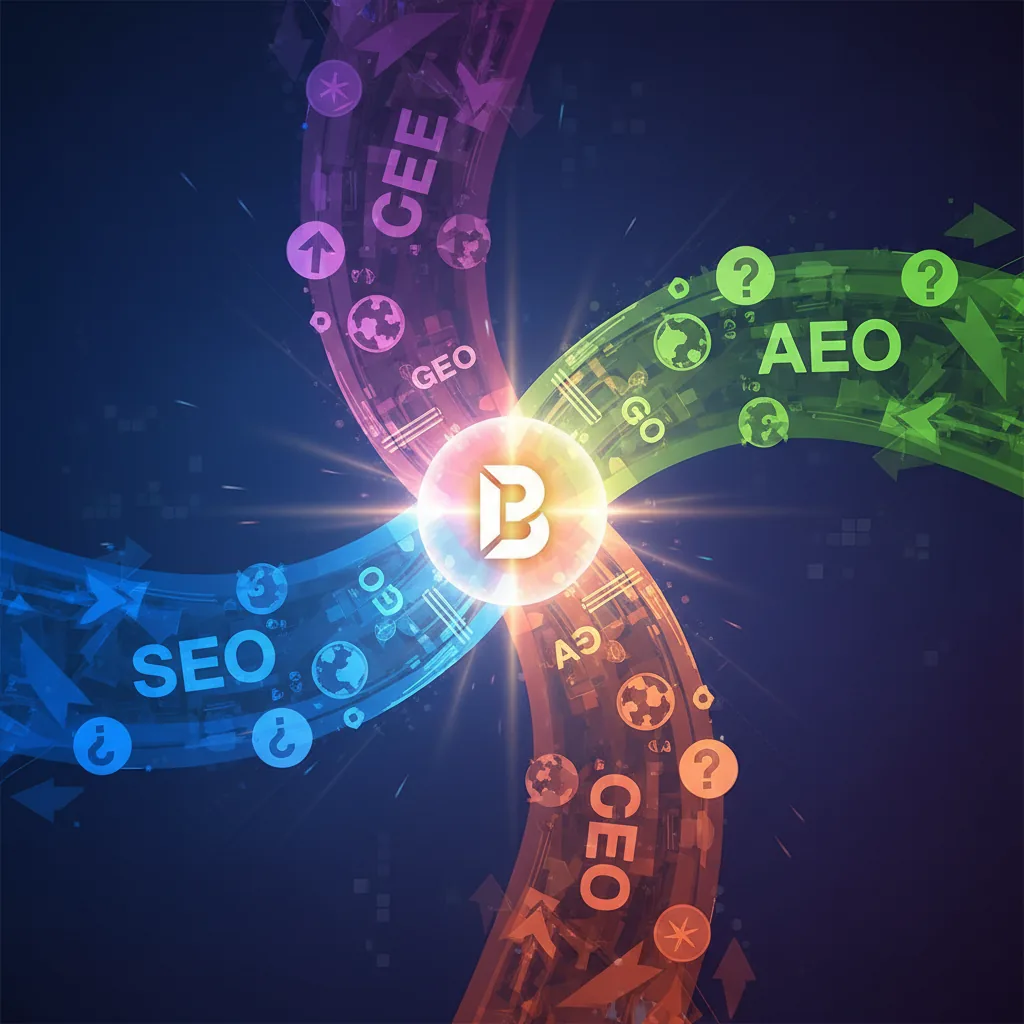 Diagrama conceitual mostrando a integração de SEO, GEO e AEO com a plataforma BlogAI no centro da estratégia.