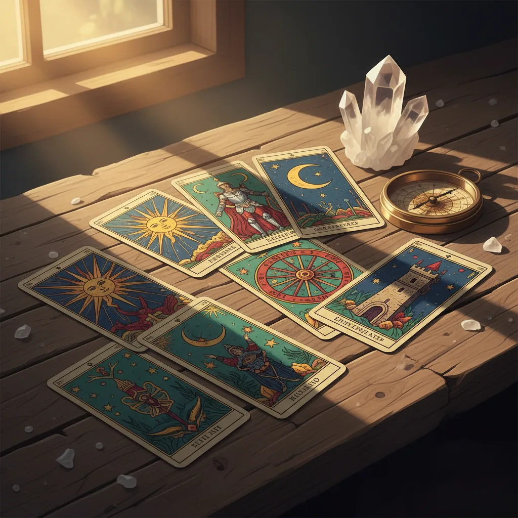 Cartas de Tarot clássicas dispostas sobre uma mesa de madeira com elementos astrológicos e luz suave de manhã.