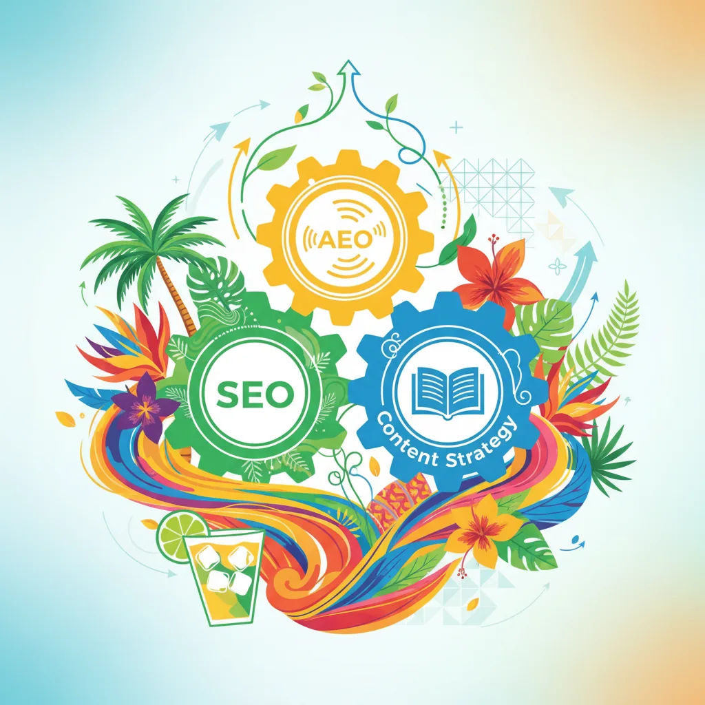 Ilustração de um framework de conteúdo com engrenagens conectadas, simbolizando estratégia de SEO, AEO e conteúdo, com toques brasileiros