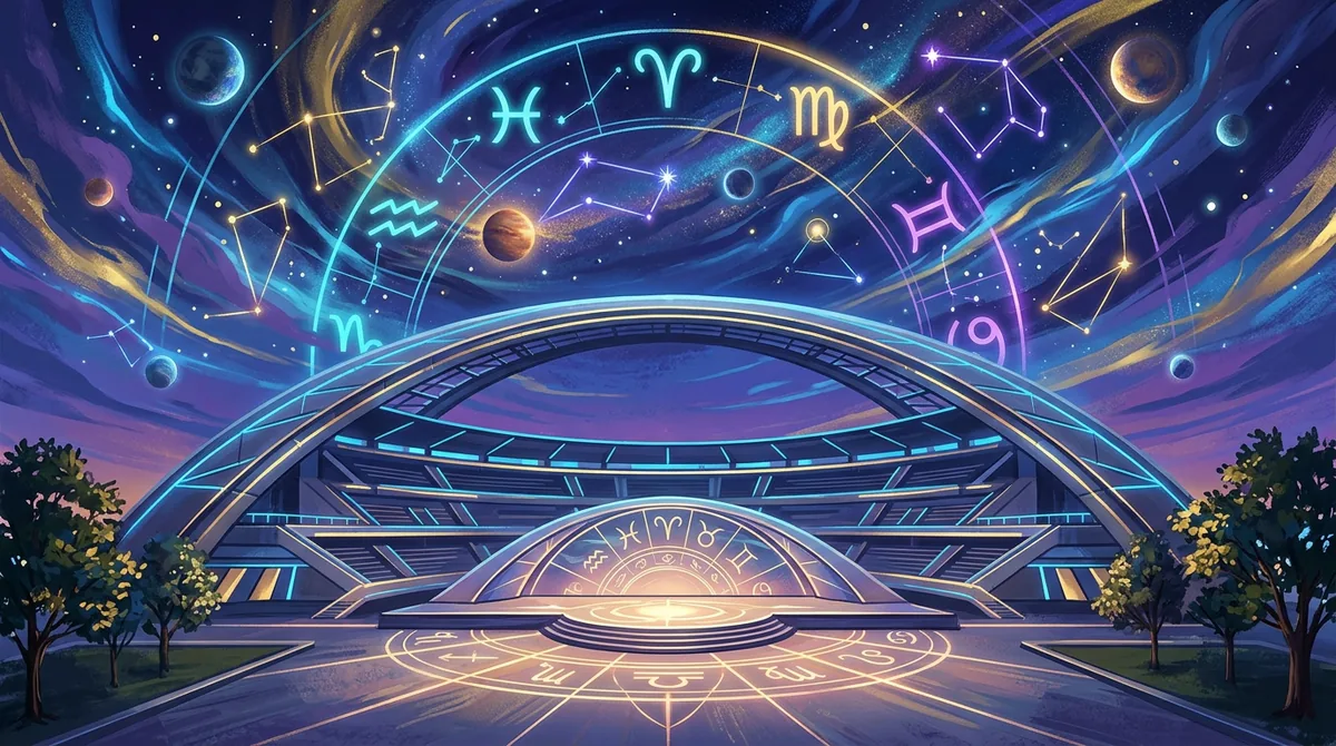 Representação artística estilizada de elementos astrológicos, como constelações e planetas, flutuando sobre uma arena moderna iluminada, simbolizando o destino e a fama.
