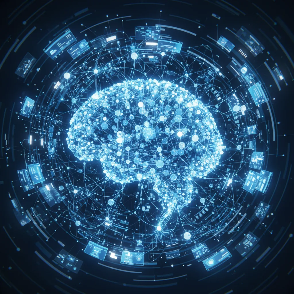 Rede neural de uma IA processando informações de sites para otimização com GEO e AEO.