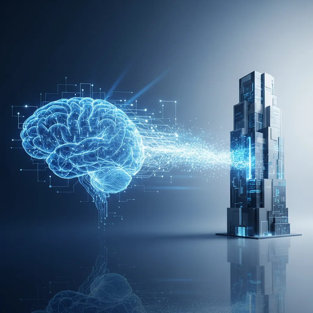 Ilustração de uma rede neural se conectando a um prédio, representando como fazer a IA recomendar sua empresa através de AEO e GEO.