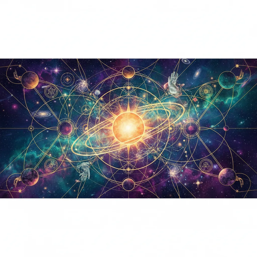 Mapa astral celestial com linhas complexas conectando planetas, representando os caminhos da astrologia para o autoconhecimento.