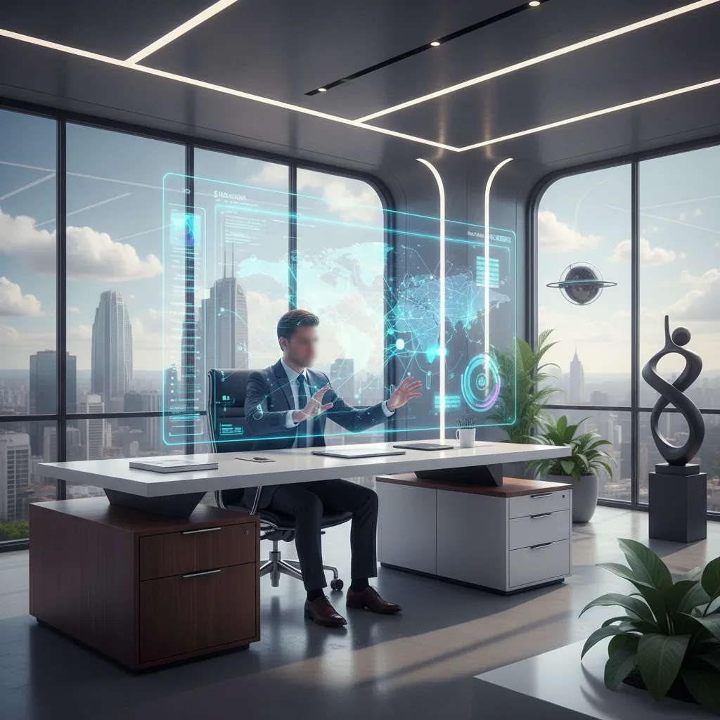 Profissional de marketing brasileiro analisando métricas de produção de conteúdo em uma tela holográfica de inteligência artificial em 2026