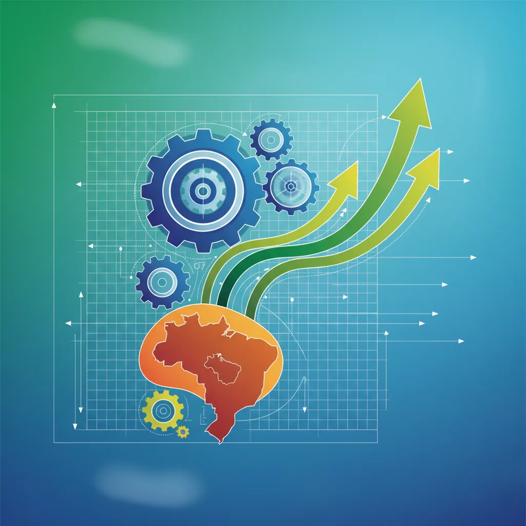 Ilustração de um framework de negócios com engrenagens e setas de crescimento para PMEs brasileiras.