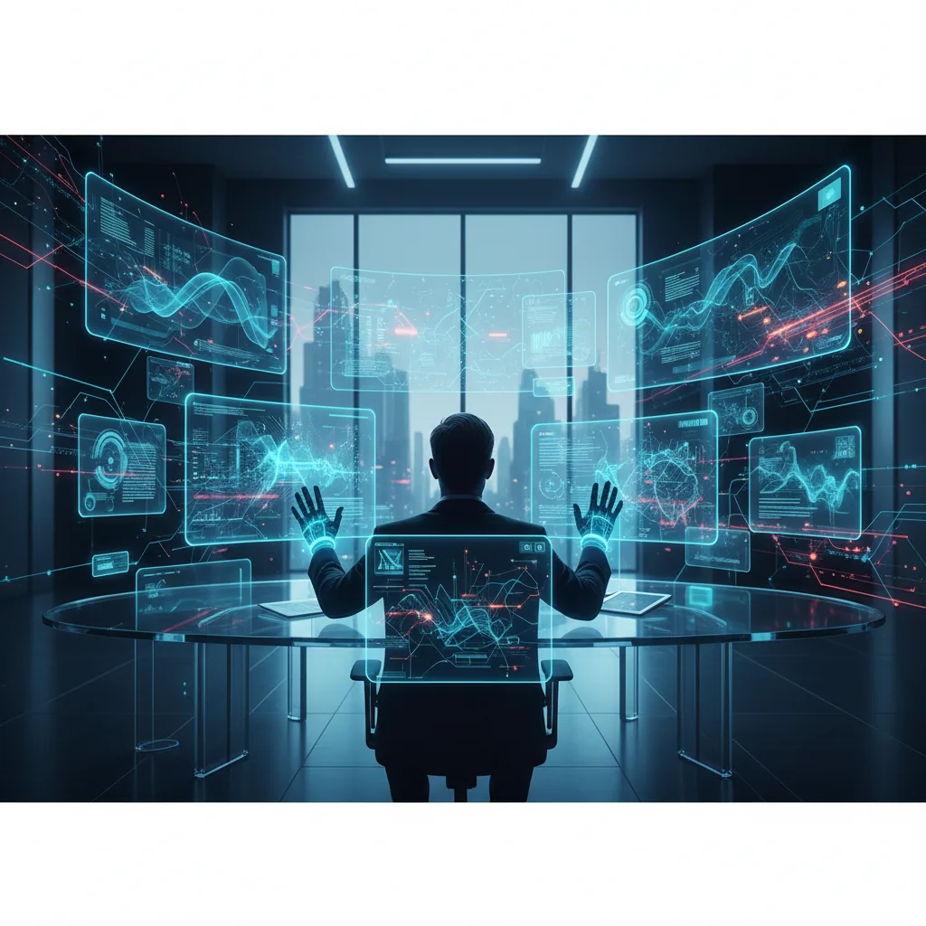 Infográfico estilizado mostrando a integração entre mente humana e algoritmos de inteligência artificial na produção de conteúdo corporativo.
