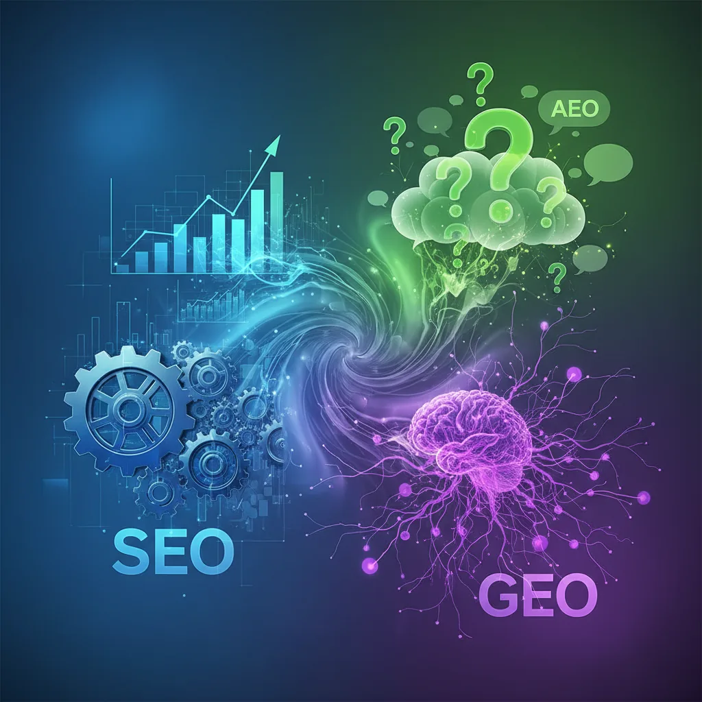 Diagrama abstrato mostrando a integração entre SEO, GEO e AEO em uma estratégia unificada de otimização de busca.
