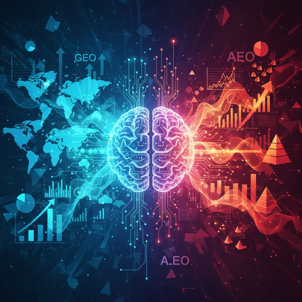 Representação visual de inteligência artificial com gráficos e fluxos de dados, simbolizando otimização para motores generativos e de respostas