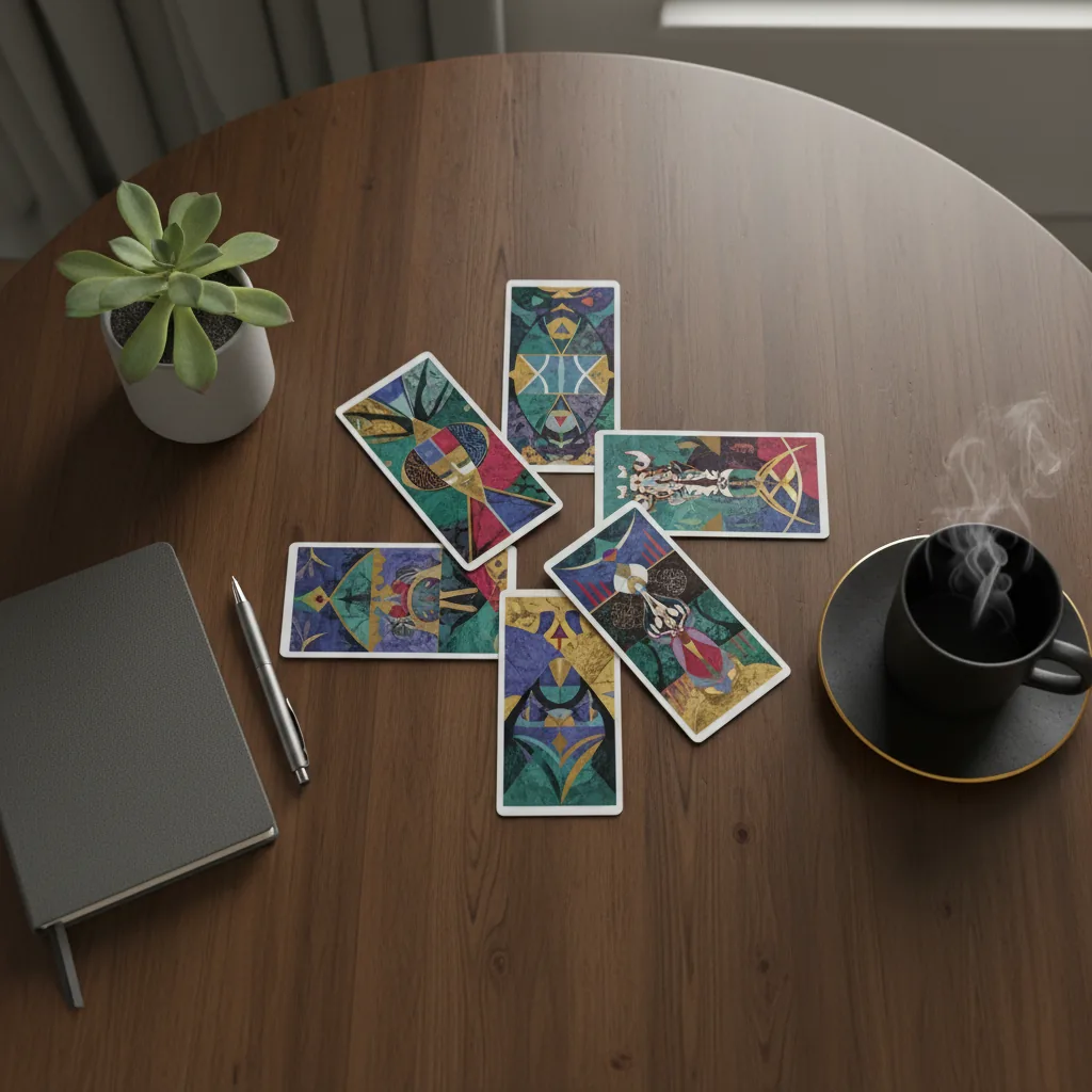 Mesa com cartas de Tarô espalhadas ao lado de um caderno, mostrando os usos práticos do Tarô em 2026.