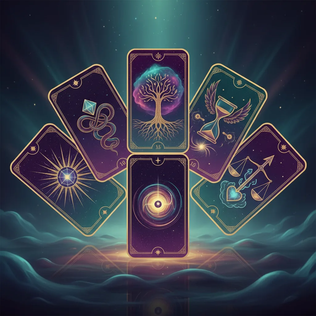 Cartas de tarot digitais coloridas espalhadas em um fundo místico