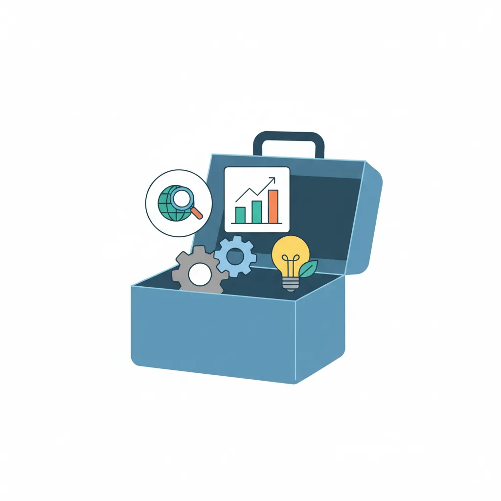 Ilustração de uma caixa de ferramentas representando um kit de ferramentas SEO, com ícones de busca, análise, técnico e conteúdo.