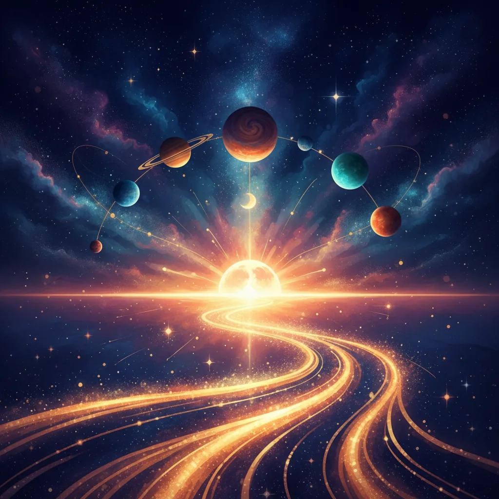 Ilustração de um caminho de luz e estrelas representando a vida entrando nos trilhos em 2026